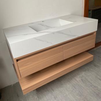 Muxing Waschbecken weiß Arbeitsplatte Holzmaserung Unterschrank Set mit Spiegel【3256】