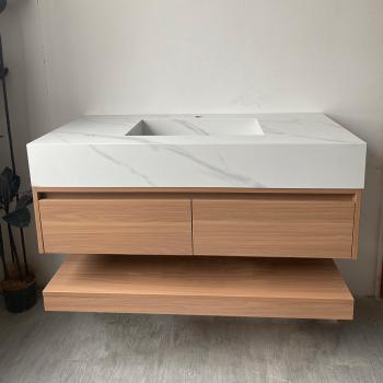 Muxing Waschbecken weiß Arbeitsplatte Holzmaserung Unterschrank Set mit Spiegel【3256】