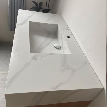 Muxing Waschbecken weiß Arbeitsplatte Holzmaserung Unterschrank Set mit Spiegel【3256】