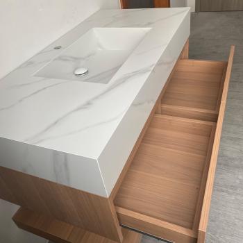 Muxing Waschbecken weiß Arbeitsplatte Holzmaserung Unterschrank Set mit Spiegel【3256】