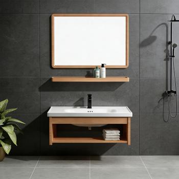 Muxing Waschbecken mit offener Ablagefläche, Keramikbecken mit mittigem rechteckigem Spiegel, 80x44 cm【TC-042】