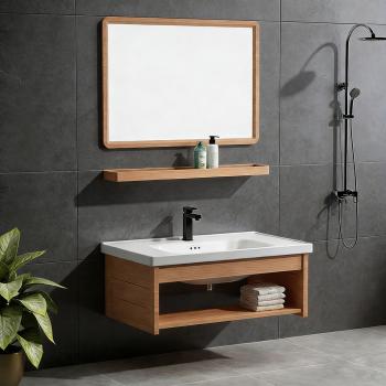 Preview: Muxing Waschbecken mit offener Ablagefläche, Keramikbecken mit mittigem rechteckigem Spiegel, 80x44 cm【TC-042】