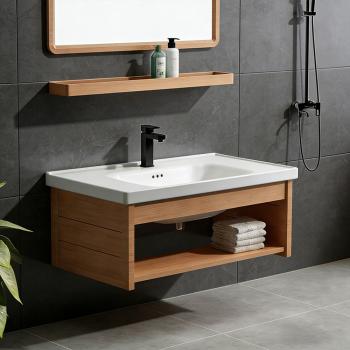 Preview: Muxing Waschbecken mit offener Ablagefläche, Keramikbecken mit mittigem rechteckigem Spiegel, 80x44 cm【TC-042】