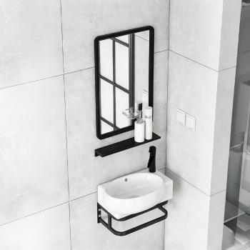 Muxing Waschtisch mit offenem Ablagefach, Keramik Waschbecken und Rechteck Spiegel 40x28 cm 【 TC-736】