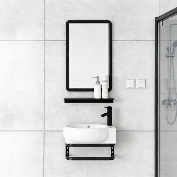 Preview: Muxing Waschtisch mit offenem Ablagefach, Keramik Waschbecken und Rechteck Spiegel 40x28 cm 【 TC-736】