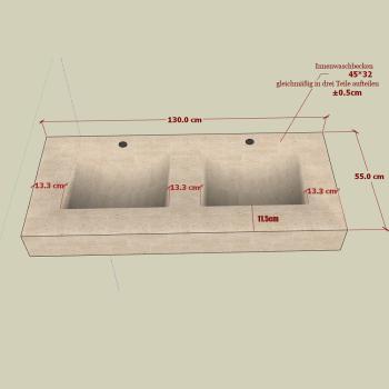 Muxing Waschbecken Doppelspüle Keramik Set mit LED-Spiegel, Waschbecken mit Hahnloch, Waschtisch mit Schubladenschrank und Antibeschlag 130cm
