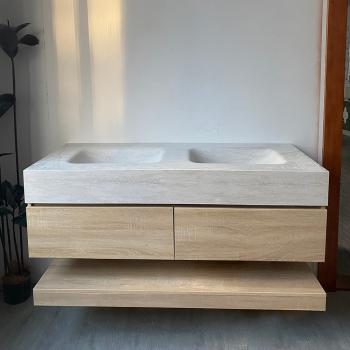 Muxing Waschbecken Doppelspüle Spüle mit zwei Becken Waschbecken Set Spüle ohne Armaturenloch Keramik mit  LED-Spiegel Ablageplatte Schrank