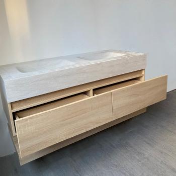 Muxing Waschbecken Doppelspüle Spüle mit zwei Becken Waschbecken Set Spüle ohne Armaturenloch Keramik mit  LED-Spiegel Ablageplatte Schrank