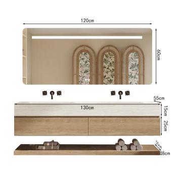 Muxing Waschbecken Doppelspüle Spüle mit zwei Becken Waschbecken Set Spüle ohne Armaturenloch Keramik mit  LED-Spiegel Ablageplatte Schrank