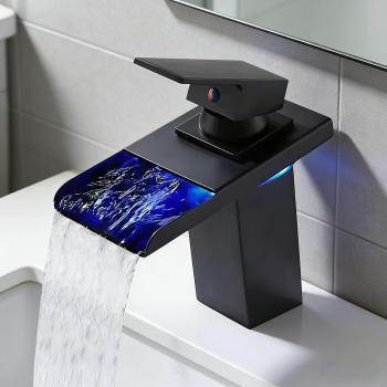 Muxing LED Spültischarmatur Wasserhahn Wasserfall Armatur  Badarmatur EinhandmischerWaschtischarmatur Waschbecken Mischbatterie Schwarz 【LT-006】