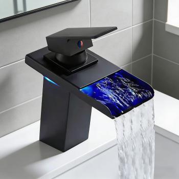 Preview: Muxing LED Spültischarmatur Wasserhahn Wasserfall Armatur  Badarmatur EinhandmischerWaschtischarmatur Waschbecken Mischbatterie Schwarz 【LT-006】