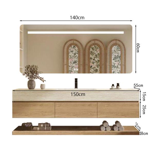 Muxing Wandhängendes Waschbecken-Set - Sinterstein - Travertine look, mit Spiegel, Unterschrank, Ablage & Ablauf, mit Armaturenloch【YT9865-K】