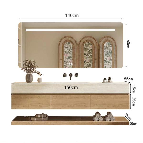 Muxing Wandhängendes Waschbecken-Set - Sinterstein - Travertine look,mit Spiegel, Unterschrank, Ablage & Ablauf, ohne Armaturenloch【YT9865 BKK】