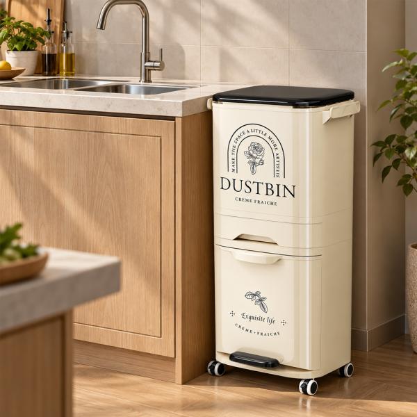 Muxing Mobiler Mülleimer mit 3 Ebenen, Großer Haushaltsmülleimer, Abfalltrennung, Hoher Kunststoffabfalleimer 82,5 × 34,5 × 29,5 cm