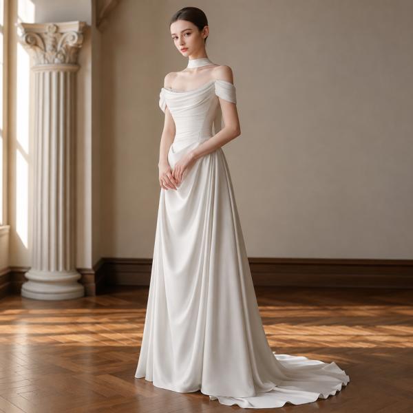 Muxing  Damen Brautkleid Off Shoulder Hochzeitskleid Bodenlang Elegant Satin Kleid Hochzeit
