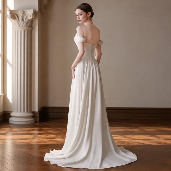 Muxing  Damen Brautkleid Off Shoulder Hochzeitskleid Bodenlang Elegant Satin Kleid Hochzeit