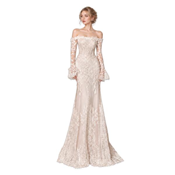 Muxing Damen Brautkleid Spitze Meerjungfrau Hochzeitskleid Schulterfrei Langarm Bodenlang Brautkleid Weiß ohne Schleier