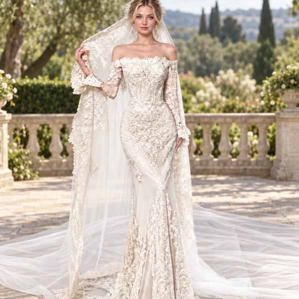 Muxing Damen Brautkleid Spitze Meerjungfrau Hochzeitskleid Schulterfrei Langarm Bodenlang Brautkleid Weiß ohne Schleier