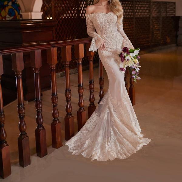 Muxing Damen Brautkleid Spitze Meerjungfrau Hochzeitskleid Schulterfrei Langarm Bodenlang Brautkleid Weiß ohne Schleier