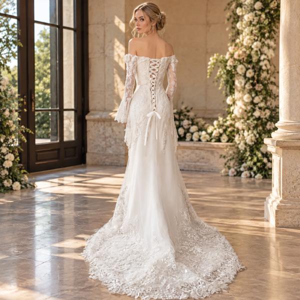 Muxing Damen Brautkleid Spitze Meerjungfrau Hochzeitskleid Schulterfrei Langarm Bodenlang Brautkleid Weiß ohne Schleier