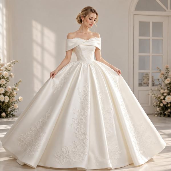 Muxing Damen Brautkleid Prinzessin Off Shoulder Hochzeitskleid Bodenlang mit Reifrock
