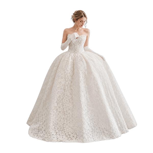 Muxing Damen Brautkleid Spitze Prinzessin Hochzeitskleid Trägerlos Bodenlang Ballkleid mit Handschuhen und Schleier
