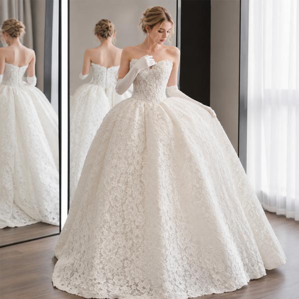Muxing Damen Brautkleid Spitze Prinzessin Hochzeitskleid Trägerlos Bodenlang Ballkleid mit Handschuhen und Schleier