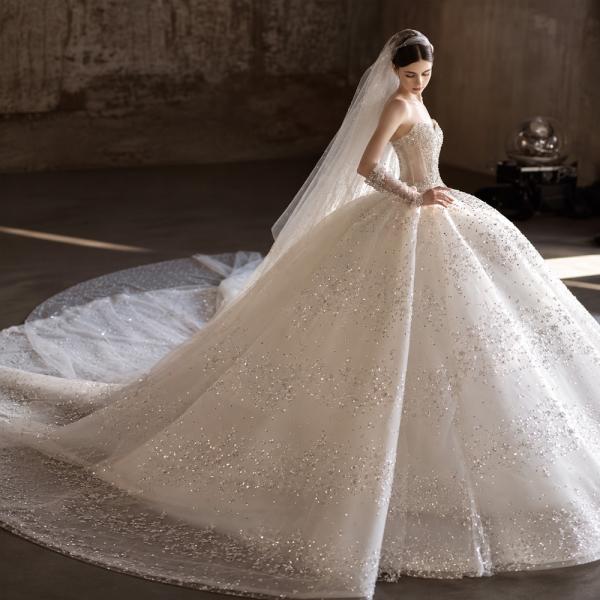 Muxing Damen Brautkleid Prinzessin Hochzeitskleid Bodenlang mit Glitzer Elegant ohne Schleier