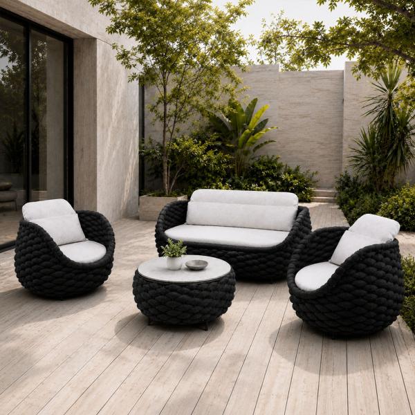 Muxing Gartenlounge Set 4-teilig mit 2 Einzelsesseln, Zweisitzer-Sofa und Couchtisch, Wasserabweisend, Ideal für Garten, Terrasse und Hof, Schwarz