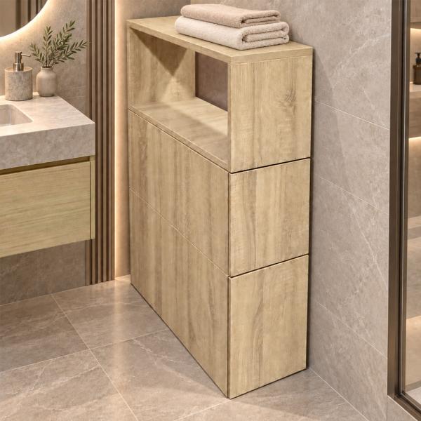 Muxing Badezimmerschrank mit offenen Ablagen und Stauraum Schmaler Badschrank Hochschrank Aufbewahrungsschrank für Badutensilien 【BGG】
