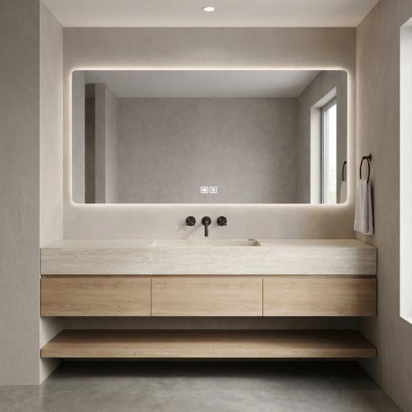 Muxing Badmöbel-Set mit Sinterstein-Waschbecken in Travertine look, verdecktem Ablauf, Spiegel, Unterschrank, Ablage, Ablaufgarnitur 【NF1798 BKK】