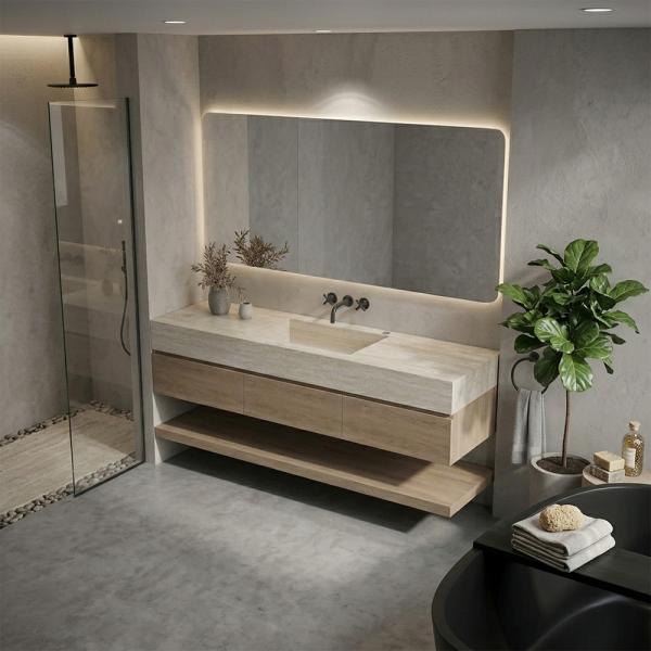 Muxing Badmöbel-Set mit Sinterstein-Waschbecken in Travertine look, verdecktem Ablauf, Spiegel, Unterschrank, Ablage, Ablaufgarnitur 【NF1798 BKK】