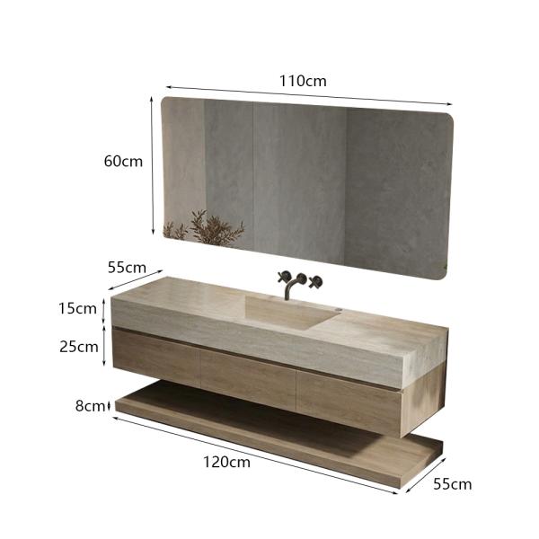 Muxing Badmöbel-Set mit Sinterstein-Waschbecken in Travertine look, verdecktem Ablauf, Spiegel, Unterschrank, Ablage, Ablaufgarnitur 【NF1798 BKK】