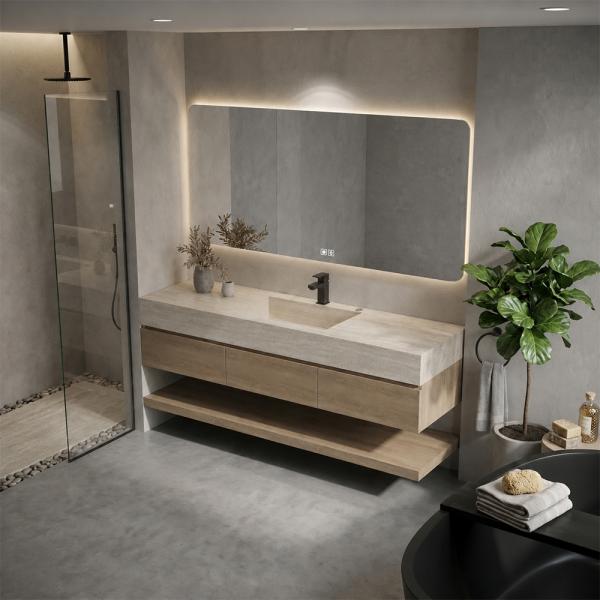 Muxing Badmöbel-Set mit Sinterstein-Waschbecken in Travertine look, verdecktem Ablauf, Spiegel, Unterschrank, Ablage, Ablaufgarnitur【NF1798 K】