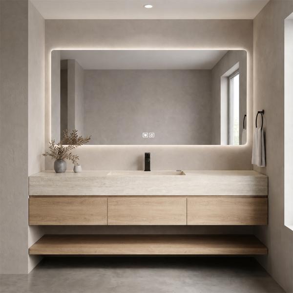 Muxing Badmöbel-Set mit Sinterstein-Waschbecken in Travertine look, verdecktem Ablauf, Spiegel, Unterschrank, Ablage, Ablaufgarnitur【NF1798 K】