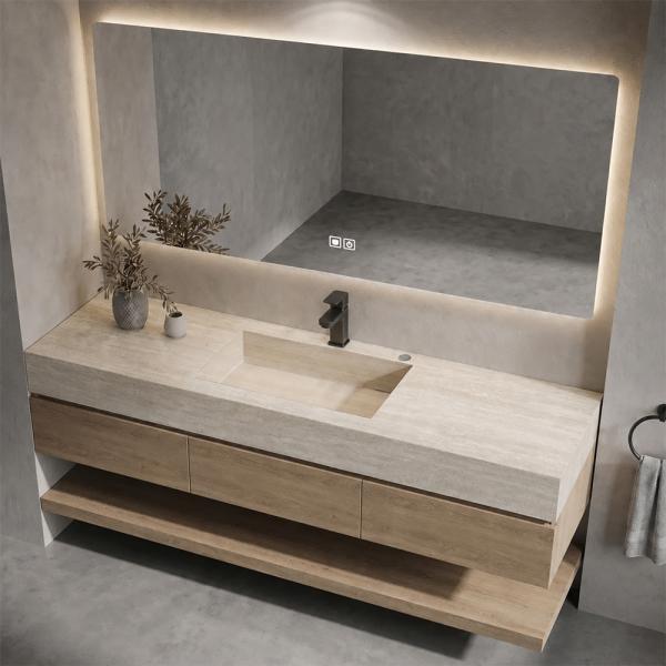 Muxing Badmöbel-Set mit Sinterstein-Waschbecken in Travertine look, verdecktem Ablauf, Spiegel, Unterschrank, Ablage, Ablaufgarnitur【NF1798 K】