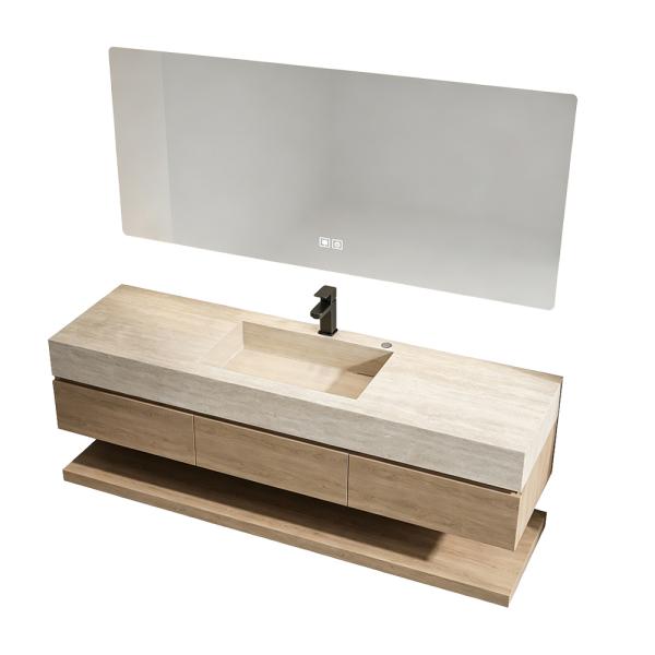 Muxing Badmöbel-Set mit Sinterstein-Waschbecken in Travertine look, verdecktem Ablauf, Spiegel, Unterschrank, Ablage, Ablaufgarnitur【NF1798 K】