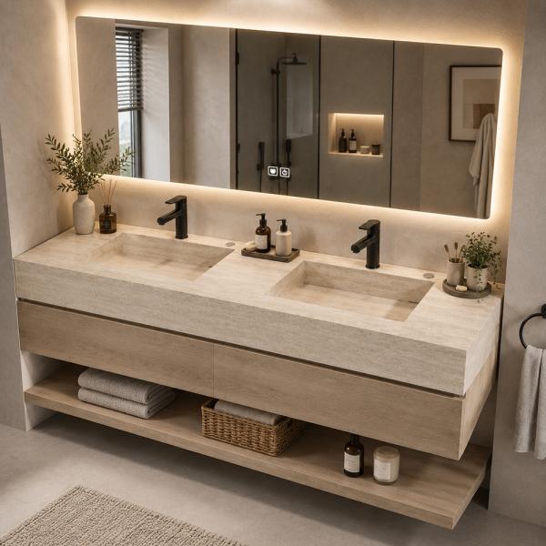 Muxing Badmöbel-Set mit Sinterstein-Doppelwaschbecken in Travertine look, verdecktem Ablauf, Spiegel, Unterschrank, Ablage, Ablaufgarnitur【NF6848 K】