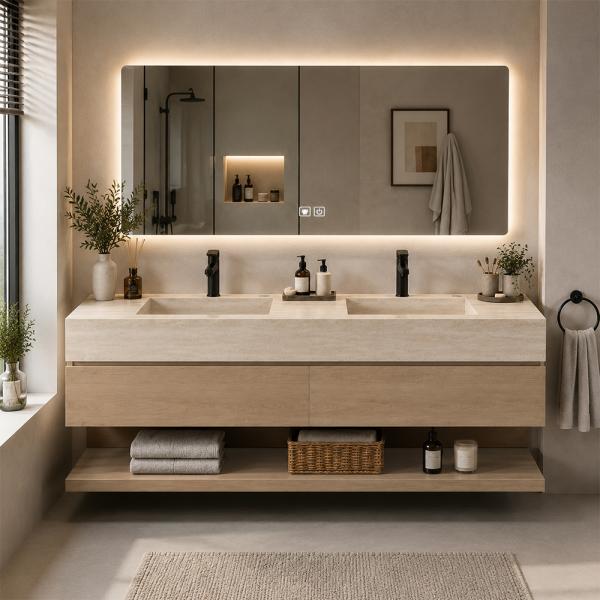 Muxing Badmöbel-Set mit Sinterstein-Doppelwaschbecken in Travertine look, verdecktem Ablauf, Spiegel, Unterschrank, Ablage, Ablaufgarnitur【NF6848 K】