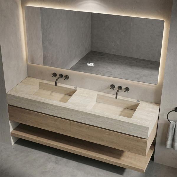 Muxing Badmöbel-Set mit Sinterstein-Doppelwaschbecken in Travertine look, verdecktem Ablauf, Spiegel, Unterschrank, Ablage, Ablaufgarnitur【NF6848BKK】