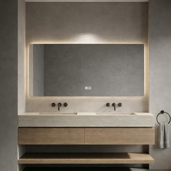 Muxing Badmöbel-Set mit Sinterstein-Doppelwaschbecken in Travertine look, verdecktem Ablauf, Spiegel, Unterschrank, Ablage, Ablaufgarnitur【NF6848BKK】