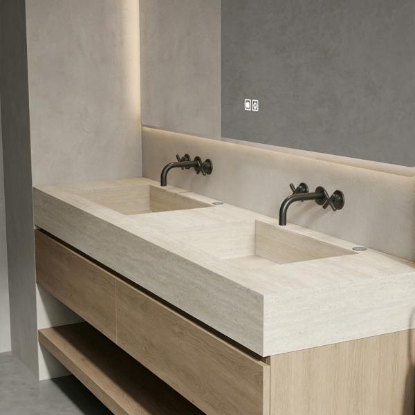 Muxing Badmöbel-Set mit Sinterstein-Doppelwaschbecken in Travertine look, verdecktem Ablauf, Spiegel, Unterschrank, Ablage, Ablaufgarnitur【NF6848BKK】