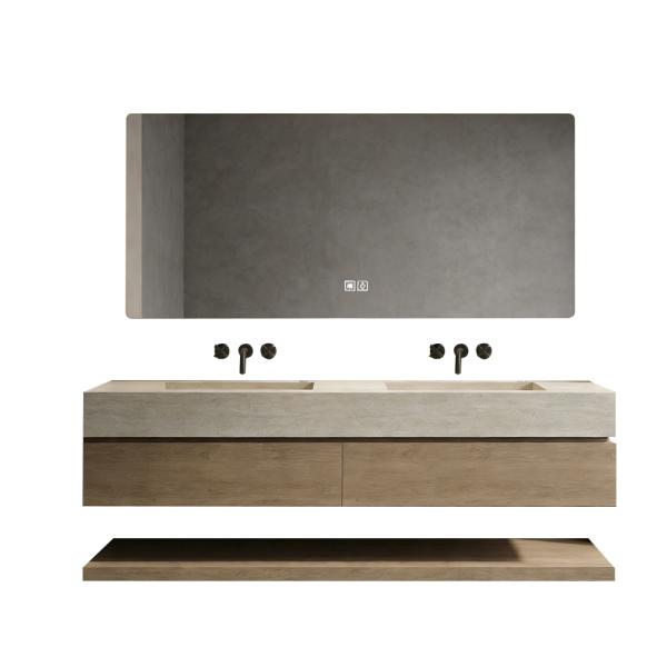 Muxing Badmöbel-Set mit Sinterstein-Doppelwaschbecken in Travertine look, verdecktem Ablauf, Spiegel, Unterschrank, Ablage, Ablaufgarnitur【NF6848BKK】