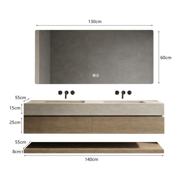 Muxing Badmöbel-Set mit Sinterstein-Doppelwaschbecken in Travertine look, verdecktem Ablauf, Spiegel, Unterschrank, Ablage, Ablaufgarnitur【NF6848BKK】