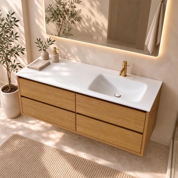 Muxing Badmöbel Set Wandhängend Modern Waschtisch mit Waschbecken aus Sinterstein Unterschrank mit Schubladen Spiegel für Badezimmer 【RW192 K】