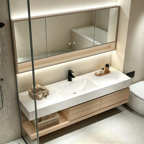 Muxing Badmöbel-Set mit Sinterstein-Waschbecken, wandhängendem Unterschrank und Spiegelschrank, moderner Waschtisch fürs Badezimmer 【RW2032JG K】