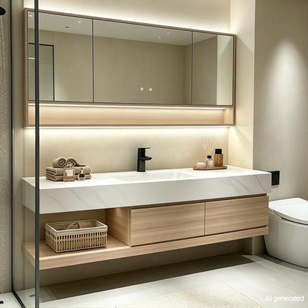 Muxing Badmöbel-Set mit Sinterstein-Waschbecken, wandhängendem Unterschrank und Spiegelschrank, moderner Waschtisch fürs Badezimmer 【RW2032JG K】