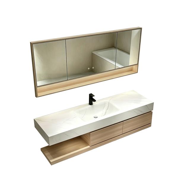 Muxing Badmöbel-Set mit Sinterstein-Waschbecken, wandhängendem Unterschrank und Spiegelschrank, moderner Waschtisch fürs Badezimmer 【RW2032JG K】