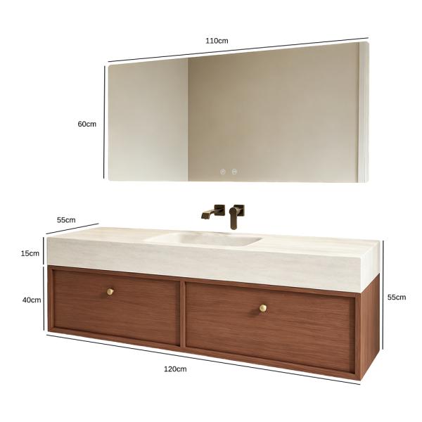 Muxing Badmöbel-Set mit Sinterstein - Waschbecken, wandhängendem Waschtischunterschrank und Spiegel, moderner Waschplatz fürs Badezimmer 120×55 cm【RW211BKK】