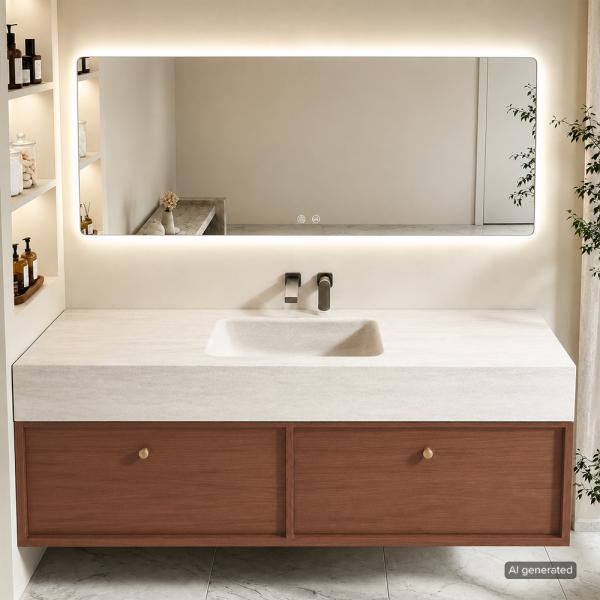Muxing Badmöbel-Set mit Sinterstein - Waschbecken, wandhängendem Waschtischunterschrank und Spiegel, moderner Waschplatz fürs Badezimmer 120×55 cm【RW211BKK】